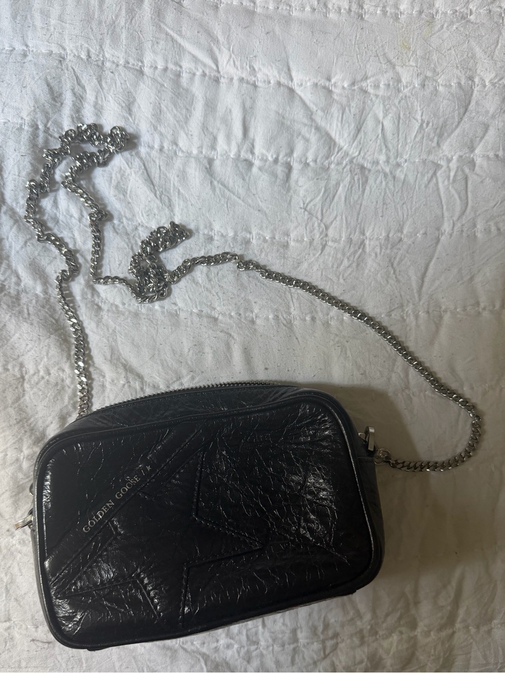 Golden Goose Black Leather Crossbody with Silver Chain